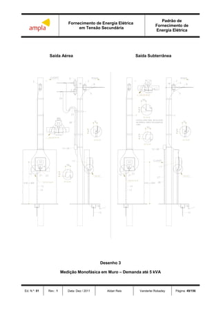 Fornecimento de Energia Elétrica
em Tensão Secundária
Padrão de
Fornecimento de
Energia Elétrica
Ed. N.º: 01 Rev.: 1 Data: Dez / 2011 Aldair Reis Vanderlei Robadey Página: 49/156
Saída Aérea Saída Subterrânea
Desenho 3
Medição Monofásica em Muro – Demanda até 5 kVA
 