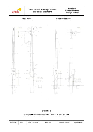 Fornecimento de Energia Elétrica
em Tensão Secundária
Padrão de
Fornecimento de
Energia Elétrica
Ed. N.º: 01 Rev.: 1 Data: Dez / 2011 Aldair Reis Vanderlei Robadey Página: 58/156
Saída Aérea Saída Subterrânea
Desenho 6
Medição Monofásica em Poste – Demanda de 5 á 8 kVA
 