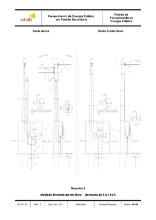 Fornecimento de Energia Elétrica
em Tensão Secundária
Padrão de
Fornecimento de
Energia Elétrica
Ed. N.º: 01 Rev.: 1 Data: Dez / 2011 Aldair Reis Vanderlei Robadey Página: 64/156
Saída Aérea Saída Subterrânea
Desenho 8
Medição Monofásico em Muro – Demanda de 5 à 8 kVA
 