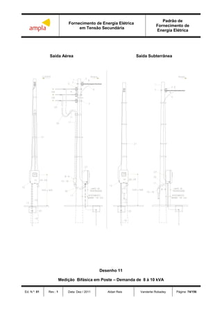 Fornecimento de Energia Elétrica
em Tensão Secundária
Padrão de
Fornecimento de
Energia Elétrica
Ed. N.º: 01 Rev.: 1 Data: Dez / 2011 Aldair Reis Vanderlei Robadey Página: 74/156
Saída Aérea Saída Subterrânea
Desenho 11
Medição Bifásica em Poste – Demanda de 8 à 10 kVA
 