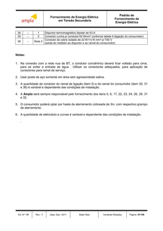 Fornecimento de Energia Elétrica
em Tensão Secundária
Padrão de
Fornecimento de
Energia Elétrica
Ed. N.º: 01 Rev.: 1 Data: Dez / 2011 Aldair Reis Vanderlei Robadey Página: 91/156
34 - 1 Disjuntor termomagnético bipolar de 63 A
35 - 3 Conector cunha p/ condutor16/16mm² conforme tabela 4 (ligação do consumidor)
36 - Nota 3
Condutor de cobre isolado de 2x16+1x16 mm² p/ 750 V
(saída do medidor ao disjuntor e ao ramal do consumidor)
Notas:
1. Na conexão com a rede nua de BT, o condutor concêntrico deverá ficar voltado para cima,
para se evitar a entrada de água . Utilizar os conectores adequados, para aplicação de
conectores para ramal de serviço.
2. Usar poste de aço somente em área sem agressividade salina.
3. A quantidade de condutor do ramal de ligação (item 5) e do ramal do consumidor (item 30, 31
e 36) é variável e dependente das condições de instalação.
4. A Ampla será sempre responsável pelo fornecimento dos itens 5, 6, 17, 22, 23, 24, 26, 29, 31
e 32.
5. O consumidor poderá optar por haste de aterramento cobreada de 3m, com respectivo grampo
de aterramento.
6. A quantidade de eletroduto e curvas é variável e dependente das condições de instalação.
.
 