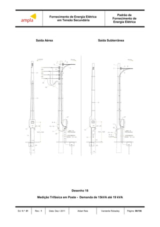 Fornecimento de Energia Elétrica
em Tensão Secundária
Padrão de
Fornecimento de
Energia Elétrica
Ed. N.º: 01 Rev.: 1 Data: Dez / 2011 Aldair Reis Vanderlei Robadey Página: 96/156
Saída Aérea Saída Subterrânea
Desenho 18
Medição Trifásica em Poste - Demanda de 15kVA até 19 kVA
 