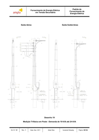 Fornecimento de Energia Elétrica
em Tensão Secundária
Padrão de
Fornecimento de
Energia Elétrica
Ed. N.º: 01 Rev.: 1 Data: Dez / 2011 Aldair Reis Vanderlei Robadey Página: 99/156
Saída Aérea Saída Subterrânea
Desenho 19
Medição Trifásica em Poste - Demanda de 19 kVA até 24 kVA
 