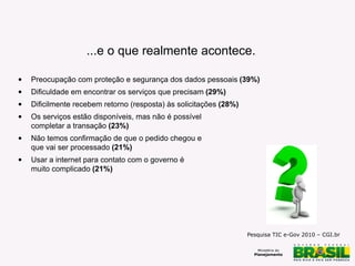 ...e o que realmente acontece.
•

Preocupação com proteção e segurança dos dados pessoais (39%)

•

Dificuldade em encontrar os serviços que precisam (29%)

•

Dificilmente recebem retorno (resposta) às solicitações (28%)

•

Os serviços estão disponíveis, mas não é possível
completar a transação (23%)

•

Não temos confirmação de que o pedido chegou e
que vai ser processado (21%)

•

Usar a internet para contato com o governo é
muito complicado (21%)

Pesquisa TIC e-Gov 2010 – CGI.br

 