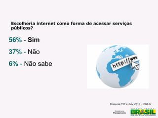 Escolheria internet como forma de acessar serviços
públicos?

56% - Sim
37% - Não
6% - Não sabe

Pesquisa TIC e-Gov 2010 – CGI.br

 
