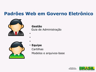 Padrões Web em Governo Eletrônico
Gestão
Guia de Administração
●
●
●
●

Equipe
Cartilhas
Modelos e arquivos-base

 