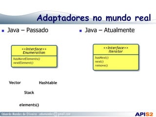 Adaptadores no mundo real
  Java – Passado   Java – Atualmente
Vector
Stack
Hashtable
elements()
 
