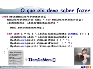 O que ela deve saber fazer
void printMenuDoRestaurante() {
MenuDoRestaurante menu = new MenuDoRestaurante();
ItemDeMenu[] itensDoRestaurante =
menu.getItensDeMenu();
for (int i = 0; i < itensDoRestaurante.length; i++) {
ItemDeMenu item = itensDoRestaurante[i];
System.out.print(item.getNome() + " ");
System.out.print(item.getPreco() + " ");
System.out.println(item.getDescricao());
}
}

 