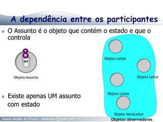 A dependência entre os participantes
  O Assunto é o objeto que contém o estado e que o
controla
  Existe apenas UM assunto
com estado
Objeto Leitor
Objeto Leitor
Objeto Leitor
Objetos observadores
Objeto NovoLeitor
Objeto Assunto
 