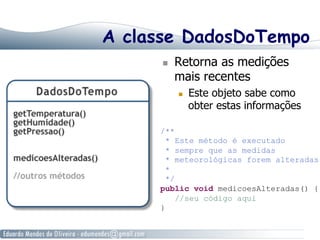 A classe DadosDoTempo
  Retorna as medições
mais recentes
  Este objeto sabe como
obter estas informações
/**
* Este método é executado
* sempre que as medidas
* meteorológicas forem alteradas
*
*/
public void medicoesAlteradas() {
//seu código aqui
}
 