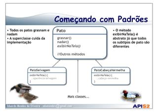 Começando com Padrões
• Todos os patos grasnam e
nadam
• A superclasse cuida da
implementação
grasnar()
nadar()
exibirNaTela()
//Outros métodos
•  O método
exibirNaTela() é
abstrato já que todos
os subtipos de pato são
diferentes
Mais classes...
 