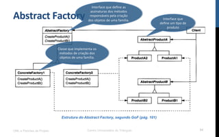 Abstract	
  Factory	
  
UML e Padrões de Projeto Centro Universitário do Triângulo 54
Estrutura do Abstract Factory, segundo GoF (pág. 101)
Interface	
  que	
  deﬁne	
  as	
  
assinaturas	
  dos	
  métodos	
  
responsáveis	
  pela	
  criação	
  
dos	
  objetos	
  de	
  uma	
  família.	
  	
  
Classe	
  que	
  implementa	
  os	
  
métodos	
  de	
  criação	
  dos	
  
objetos	
  de	
  uma	
  família.	
  	
  	
  
Interface	
  que	
  
deﬁne	
  um	
  Npo	
  de	
  
produto	
  	
  	
  
 