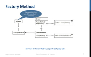 Factory	
  Method	
  
UML e Padrões de Projeto Centro Universitário do Triângulo 8
Estrutura do Factory Method, segundo GoF (pág. 122)
Classe	
  ou	
  interface	
  
que	
  deﬁne	
  o	
  objeto	
  a	
  
ser	
  criado	
  	
  
 