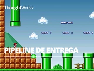 PIPELINE DE ENTREGA 
18 
App A 
Service B 
Service C 
Unit 
Tests 
Version 
Control 
Artifact 
Repository 
Integration 
Tests 
Unit 
Tests 
Integration 
Tests 
Unit 
Tests 
Integration 
Tests 
Contract 
Tests 
Contract 
Tests 
Deploy to 
Dev Smoke 
Deploy to 
Int Application 
Testing Smoke 
Service D 
App E 
Service F 
Unit 
Tests 
Integration 
Tests 
Unit 
Tests 
Integration 
Tests 
Unit 
Tests 
Integration 
Tests 
Contract 
Tests 
Deploy to 
Dev Smoke 
Application 
Testing 
Contract 
Tests 
Deploy to 
Dev Smoke 
Deploy to 
Int Smoke 
Deploy to 
Int 
End to End 
Testing 
Dev 
Environment 
Deploy to 
Performance 
QA Smoke 
Testing UAT 
Integration 
Environment 
QA 
Environment 
Deploy to 
Production Smoke 
COTS 
Production 
Environment 
Deploy to 
Int 
(...) 
(…) 
 