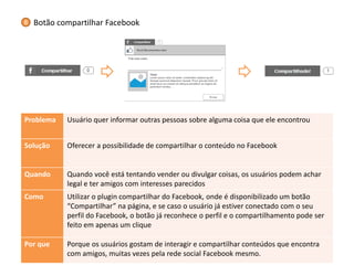 Problema 
Usuário quer informar outras pessoas sobre alguma coisa que ele encontrou 
Solução 
Oferecer a possibilidade de compartilhar o conteúdo no Facebook 
Quando 
Quando você está tentando vender ou divulgar coisas, os usuários podem achar legal e ter amigos com interesses parecidos 
Como 
Utilizar o plugin compartilhar do Facebook, onde é disponibilizado um botão “Compartilhar” na página, e se caso o usuário já estiver conectado com o seu perfil do Facebook, o botão já reconhece o perfil e o compartilhamento pode ser feito em apenas um clique 
Por que 
Porque os usuários gostam de interagir e compartilhar conteúdos que encontra com amigos, muitas vezes pela rede social Facebook mesmo. 
Botão compartilhar Facebook 
8  