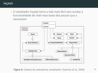 façade
• O compilador Façade torna a vida mais fácil sem ocultar a
funcionalidade de nível mais baixo dos poucos que a
necessitam.
Figure 6: Classes do subsistema compilador. (Gamma et al., 2006) 19
 