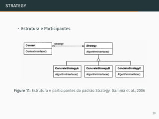strategy
• Estrutura e Participantes
Figure 11: Estrutura e participantes do padrão Strategy. Gamma et al., 2006
39
 