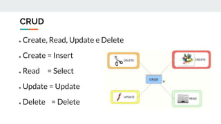 CRUD
● Create, Read, Update e Delete
● Create = Insert
● Read = Select
● Update = Update
● Delete = Delete
 