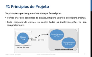 #1$Princípios$de$Projeto$
Separando$as$partes$que$variam$das$que$ﬁcam$iguais$
•  Vamos!criar!dois!conjuntos!de!classes,!um!para!!voar!e!e!outro!para!grasnar.!
•  Cada! conjunto! de! classes! irá! conter! todas! as! implementações! de! seu!
comportamento.!
!
!
UML e Padrões de Projeto Centro Universitário do Triângulo 72
Classe
Duck
Comportamentos
de Grasnar
Comportamentos
de Voar
Comportamentos de Duck
Separe o que varia
Do que fica igual
 