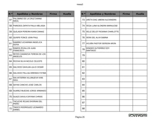 mesa3
N º Apellidos y Nombres Firma Huella N º Apellidos y Nombres Firma Huella
57
PALOMINO DE LA CRUZ DANNA
NIKOL
73 URETA DIAZ JIMENA ALEXANDRA
58 PAREDES ZAPATA PAULA MELISSA 74 VEGA LUNA ALONDRA MARIAJOSE
59 QUEJADA PEREIRA KIARA DANAIZ 75 VELIZ DELIOT ROXANA CHARLOTTE
60 QUISPE PONCE JEAN PAUL 76 VERA DEL ALVA SABINA
61
RAMIREZ UCHARIMA ANGELICA
SOFIA
77 VICUÑA PASTOR GERSON ARON
62
RAMOS ZEVALLOS JUAN
FRANCISCO
78
WINDER GUTIERREZ EDY
SANTIAGO
63
REYES CASANOVA TERESA DE LOS
ANGELES
79
64 ROCHA SILVA NICOLE CELESTE 80
65 SALCEDO GAVILAN JULIO CESAR 81
66 SALCEDO PALLQUI BRENDA FATIMA 82
67
SALVATIERRA VILLANUEVA IVAN
SAUL
83
68 SAYAS CANCHO JOSE CARLOS 84
69 SUAREZ MUEDAS JORGE ARMANDO 85
70 SUAZO DAVILA DAYANA CHRISS 86
71
TACUCHE ROJAS DHORIAN DEL
PIERO
87
72
TINOCO RODRIGUEZ LEONARDO
DANIEL
88
Página 25
 