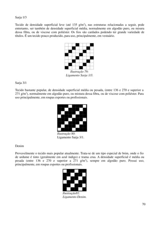 70 
Sarja 1/3 
Tecido de densidade superficial leve (até 135 g/m2), nas estruturas relacionadas a seguir, pode 
entretanto, ser também de densidade superficial média, normalmente em algodão puro, ou misura 
dessa fibra, ou de viscose com poliéster. Os fios são cardados podendo ter grande variedade de 
títulos. É um tecido pouco produzido, para uso, principalmente, em vestuário. 
Ilustração 79: 
Ligamento Sarja 1/3. 
Sarja 3/1 
Tecido bastante popular, de densidade superficial média ou pesada, (entre 136 e 270 e superior a 
271 g/m2), normalmente em algodão puro, ou mistura dessa fibra, ou de viscose com poliéster. Para 
uso principalmente, em roupas esportes ou profissionais. 
Denim 
Ilustração 80: 
Ligamento Sarja 3/1. 
Provavelmente o tecido mais popular atualmente. Trata-se de um tipo especial de brim, onde o fio 
de urdume é tinto (geralmente em azul índigo) e trama crua. A densidade superficial é média ou 
pesada (entre 136 e 270 e superior a 271 g/m2), sempre em algodão puro. Possui uso, 
principalmente, em roupas esportes ou profissionais. 
Ilustração81: 
Ligamento Denim. 
 