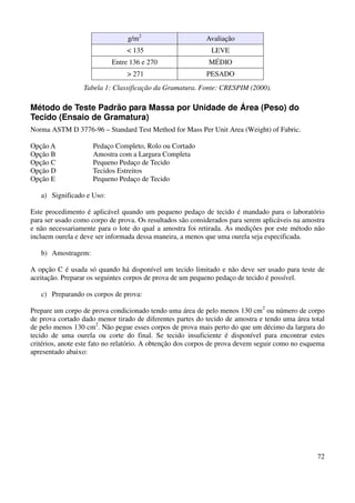 72 
g/m2 Avaliação 
< 135 LEVE 
Entre 136 e 270 MÉDIO 
> 271 PESADO 
Tabela 1: Classificação da Gramatura. Fonte: CRESPIM (2000). 
Método de Teste Padrão para Massa por Unidade de Área (Peso) do 
Tecido (Ensaio de Gramatura) 
Norma ASTM D 3776-96 – Standard Test Method for Mass Per Unit Area (Weight) of Fabric. 
Opção A Pedaço Completo, Rolo ou Cortado 
Opção B Amostra com a Largura Completa 
Opção C Pequeno Pedaço de Tecido 
Opção D Tecidos Estreitos 
Opção E Pequeno Pedaço de Tecido 
a) Significado e Uso: 
Este procedimento é aplicável quando um pequeno pedaço de tecido é mandado para o laboratório 
para ser usado como corpo de prova. Os resultados são considerados para serem aplicáveis na amostra 
e não necessariamente para o lote do qual a amostra foi retirada. As medições por este método não 
incluem ourela e deve ser informada dessa maneira, a menos que uma ourela seja especificada. 
b) Amostragem: 
A opção C é usada só quando há disponível um tecido limitado e não deve ser usado para teste de 
aceitação. Preparar os seguintes corpos de prova de um pequeno pedaço de tecido é possível. 
c) Preparando os corpos de prova: 
Prepare um corpo de prova condicionado tendo uma área de pelo menos 130 cm2 ou número de corpo 
de prova cortado dado menor tirado de diferentes partes do tecido de amostra e tendo uma área total 
de pelo menos 130 cm2. Não pegue esses corpos de prova mais perto do que um décimo da largura do 
tecido de uma ourela ou corte do final. Se tecido insuficiente é disponível para encontrar estes 
critérios, anote este fato no relatório. A obtenção dos corpos de prova devem seguir como no esquema 
apresentado abaixo: 
 
