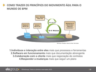 | 22©EloGroup| Todos os direitos reservados 2015
1.Indivíduos e interação entre eles mais que processos e ferramentas
2.Software em funcionamento mais que documentação abrangente
3.Colaboração com o cliente mais que negociação de contratos
4.Responder a mudanças mais que seguir um plano
COMO TRAZER OS PRINCÍPIOS DO MOVIMENTO ÁGIL PARA O
MUNDO DE BPM
 