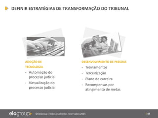 | 47©EloGroup| Todos os direitos reservados 2015
DEFINIR ESTRATÉGIAS DE TRANSFORMAÇÃO DO TRIBUNAL
DESENVOLVIMENTO DE PESSOAS
- Treinamentos
- Terceirização
- Plano de carreira
- Recompensas por
atingimento de metas
ADOÇÃO DE
TECNOLOGIA
- Automação do
processo judicial
- Virtualização do
processo judicial
 