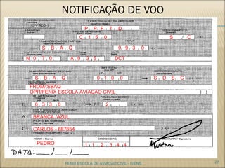 NOTIFICAÇÃO DE VOO
27FENIX ESCOLA DE AVIAÇÃO CIVIL - IVENS
PP F T D
C 1 5 0 S C
BS QA 0 9 3 0
N 0 7 0 A 0 3 5 DCT
BS QA 0 1 0 0 DS CS
FROM/;SBAQ
OPR/FENIX ESCOLA AVIAÇÃO CIVIL
0 3 3 0 2
BRANCA /AZUL
CARLOS - 887654
PEDRO 1 1 2 3 4 4
 