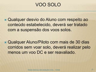  Qualquer desvio do Aluno com respeito ao
conteúdo estabelecido, deverá ser tratado
com a suspensão dos voos solos.
 Qualquer Aluno/Piloto com mais de 30 dias
corridos sem voar solo, deverá realizar pelo
menos um voo DC e ser reavaliado.
21FENIX ESCOLA DE AVIAÇÃO CIVIL - IVENS
VOO SOLO
 