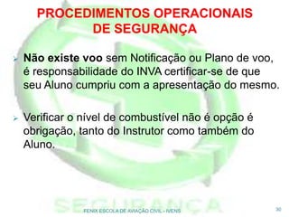  Não existe voo sem Notificação ou Plano de voo,
é responsabilidade do INVA certificar-se de que
seu Aluno cumpriu com a apresentação do mesmo.
 Verificar o nível de combustível não é opção é
obrigação, tanto do Instrutor como também do
Aluno.
30FENIX ESCOLA DE AVIAÇÃO CIVIL - IVENS
PROCEDIMENTOS OPERACIONAIS
DE SEGURANÇA
 