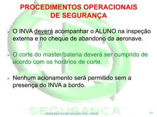  O INVA deverá acompanhar o ALUNO na inspeção
externa e no cheque de abandono da aeronave.
 O corte do master/bateria deverá ser cumprido de
acordo com os horários de corte.
 Nenhum acionamento será permitido sem a
presença do INVA a bordo.
31FENIX ESCOLA DE AVIAÇÃO CIVIL - IVENS
PROCEDIMENTOS OPERACIONAIS
DE SEGURANÇA
 