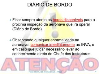 DIÁRIO DE BORDO
 Ficar sempre atento as horas disponíveis para a
próxima inspeção da aeronave que irá operar
(Diário de Bordo).
 Observando qualquer anormalidade na
aeronave, comunicar imediatamente ao INVA, e
em caso que julgar necessário levar ao
conhecimento direto do Chefe dos Instrutores.
6FENIX ESCOLA DE AVIAÇÃO CIVIL - IVENS
 