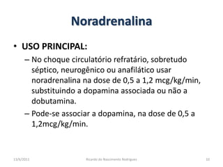 NoradrenalinaUSO PRINCIPAL: No choque circulatório refratário, sobretudo séptico, neurogênico ou anafilático usar noradrenalina na dose de 0,5 a 1,2 mcg/kg/min, substituindo a dopamina associada ou não a dobutamina.Pode-se associar a dopamina, na dose de 0,5 a 1,2mcg/kg/min.25/02/201110Ricardo do Nascimento Rodrigues