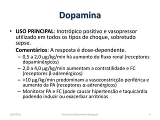 DopaminaUSO PRINCIPAL: Inotrópico positivo e vasopressor utilizado em todos os tipos de choque, sobretudo sepse.Comentários: A resposta é dose-dependente.0,5 a 2,0 µg/kg/min há aumento do fluxo renal (receptores dopaminérgicos)2,0 a 4,0 µg/kg/min aumentam a contratilidade e FC (receptores β-adrenérgicos)>10 µg/kg/min predominam a vasoconstricção periférica e aumento da PA (receptores α-adrenérgicos)Monitorar PA e FC (pode causar hipertensão e taquicardia podendo induzir ou exacerbar arritmias25/02/20114Ricardo do Nascimento Rodrigues