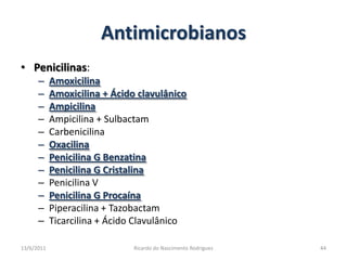 Antimicrobianos25/02/201144Ricardo do Nascimento RodriguesPenicilinas: AmoxicilinaAmoxicilina + Ácido clavulânicoAmpicilinaAmpicilina + SulbactamCarbenicilinaOxacilinaPenicilina G BenzatinaPenicilina G CristalinaPenicilina VPenicilina G ProcaínaPiperacilina + TazobactamTicarcilina + Ácido Clavulânico