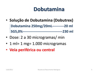DobutaminaSolução de Dobutamina (Dobutrex)Dobutamina 250mg/20mL----------20 mlSG5,0%----------------------------------230 ml Dose: 2 a 30 microgramas/ min1 ml= 1 mg= 1.000 microgramasVeia periférica ou central25/02/20115Ricardo do Nascimento Rodrigues