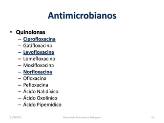 AntimicrobianosQuinolonasCiprofloxacinaGatifloxacinaLevofloxacinaLomefloxacinaMoxifloxacinaNorfloxacinaOfloxacinaPefloxacinaÁcido NalidíxicoÁcido OxolínicoÁcido Pipemídico25/02/2011Ricardo do Nascimento Rodrigues50