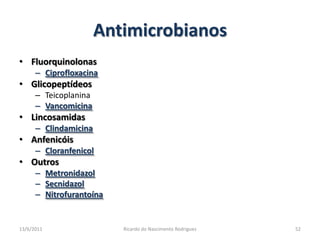 AntimicrobianosFluorquinolonasCiprofloxacinaGlicopeptídeosTeicoplaninaVancomicinaLincosamidasClindamicinaAnfenicóisCloranfenicolOutrosMetronidazolSecnidazolNitrofurantoína25/02/2011Ricardo do Nascimento Rodrigues52