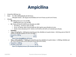 AmpicilinaAmpicilina 500 mg e 1gDose: 	EV: 100 a 200mg/kg/dia de 6/6 horas; 		Infecções Graves:  até 12g por dia divididos de 4 em 4 horas ou de 6 em 6 horas;Diluição:IM: 500mg diluir pra 2 mL de ABD;		   1.000mg diluir pra 3 mL de ABDEV:  Pode ser feito EV LENTO com diluições em ABD:Até 500mg –  DILUIR em 20mL de ABD;Acima  de 500mg  obter Concentração de 30,0 mg/mL para diluição em soro;Divida a dose calculada por 30 = Volume  de SF 0,9% ou SG 5,0% a ser realizado para diluição;Exemplos:13kg a 50mg/kg/dia = 650mg de ampicilina por dia, divididos em quatro doses = 162,5mg, para se feito EV LENTO na diluição padrão em 20 mL de ABD = ;Ampicilina 500mg ---------------------------- 1 fr.a.	ABD ---------------------------------------------- 20 mL		Fazer 6,5mL EV LENTO de 6/6 horas78kg a 100mg/kg/dia = 7.800mg de ampicilina por dia, dividido em quatro doses = 1.950mg, divididos por 30 = 65 mL de SF 0,9% ou SG 5,0% para correr de 6 em 6 horas;	Ampicilina 1.000mg ---------------------------- 2 fr.a.	SF 0,9% ou SG 5,0%------------------------------ 65 mL		Fazer EV, 60 gotas/minuto (20 minutos) de 6/6 horas25/02/201154Ricardo do Nascimento Rodrigues