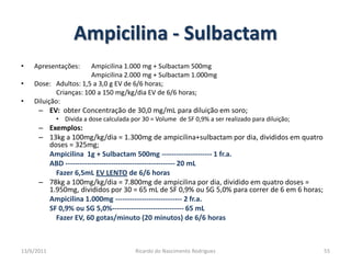 Ampicilina - SulbactamApresentações: 	Ampicilina 1.000 mg + Sulbactam 500mg			Ampicilina 2.000 mg + Sulbactam 1.000mgDose: 	Adultos: 1,5 a 3,0 g EV de 6/6 horas; 		Crianças: 100 a 150 mg/kg/dia EV de 6/6 horas;Diluição:EV:  obter Concentração de 30,0 mg/mL para diluição em soro;Divida a dose calculada por 30 = Volume  de SF 0,9% a ser realizado para diluição;Exemplos:13kg a 100mg/kg/dia = 1.300mg de ampicilina+sulbactam por dia, divididos em quatro doses = 325mg;Ampicilina  1g + Sulbactam 500mg --------------------- 1 fr.a.	ABD ---------------------------------------------- 20 mL		Fazer 6,5mL EV LENTO de 6/6 horas78kg a 100mg/kg/dia = 7.800mg de ampicilina por dia, dividido em quatro doses = 1.950mg, divididos por 30 = 65 mL de SF 0,9% ou SG 5,0% para correr de 6 em 6 horas;	Ampicilina 1.000mg ---------------------------- 2 fr.a.	SF 0,9% ou SG 5,0%------------------------------ 65 mL		Fazer EV, 60 gotas/minuto (20 minutos) de 6/6 horas25/02/201155Ricardo do Nascimento Rodrigues