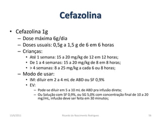 CefazolinaCefazolina 1gDose máxima 6g/diaDoses usuais: 0,5g a 1,5 g de 6 em 6 horasCrianças:Até 1 semana: 15 a 20 mg/kg de 12 em 12 horas;De 1 a 4 semanas: 15 a 20 mg/kg de 8 em 8 horas;> 4 semanas: 8 a 25 mg/kg a cada 6 ou 8 horas;Modo de usar:IM: diluir em 2 a 4 mL de ABD ou SF 0,9%EV:  Pode-se diluir em 5 a 10 mL de ABD pra infusão direta;Ou Solução com SF 0,9%, ou SG 5,0% com concentração final de 10 a 20 mg/mL, infusão deve ser feita em 30 minutos;25/02/2011Ricardo do Nascimento Rodrigues56