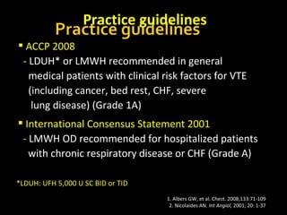 Practice guidelines ACCP 2008 -  LDU H * or LMWH recommended in general medical patients with clinical risk factors for VTE (including cancer, bed rest, CHF, severe lung disease) (Grade 1A) International Consensus Statement 2001 -  LMWH OD recommended for hospitalized patients with chronic respiratory disease or CHF (Grade A) *LDUH: UFH 5,000 U SC BID or TID 1. Albers GW, et al. Chest. 2008;133:71-109 2. Nicolaides AN.  Int Angiol,  2001; 20: 1-37 