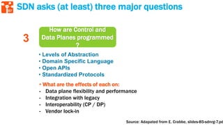 57
SDN asks (at least) three major questions
• Levels of Abstraction
• Domain Specific Language
• Open APIs
• Standardized Protocols
• What are the effects of each on:
- Data plane flexibility and performance
- Integration with legacy
- Interoperability (CP / DP)
- Vendor lock-in
How are Control and
Data Planes programmed
?
3
Source: Adapated from E. Crabbe, slides-85-sdnrg-7.pd
 
