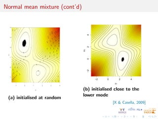 Normal mean mixture (cont’d)
−1 0 1 2 3 4
−1
0
1
2
3
4
µ1
µ
2
(a) initialised at random
−2 0 2 4
−2
0
2
4
µ1
µ
2
(b) initi...