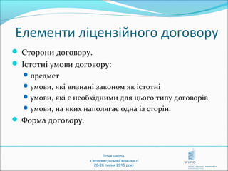 Літня школа
з інтелектуальної власності
20-26 липня 2015 року
Елементи ліцензійного договору
 Сторони договору.
 Істотні умови договору:
предмет
умови, які визнані законом як істотні
умови, які є необхідними для цього типу договорів
умови, на яких наполягає одна із сторін.
 Форма договору.
 