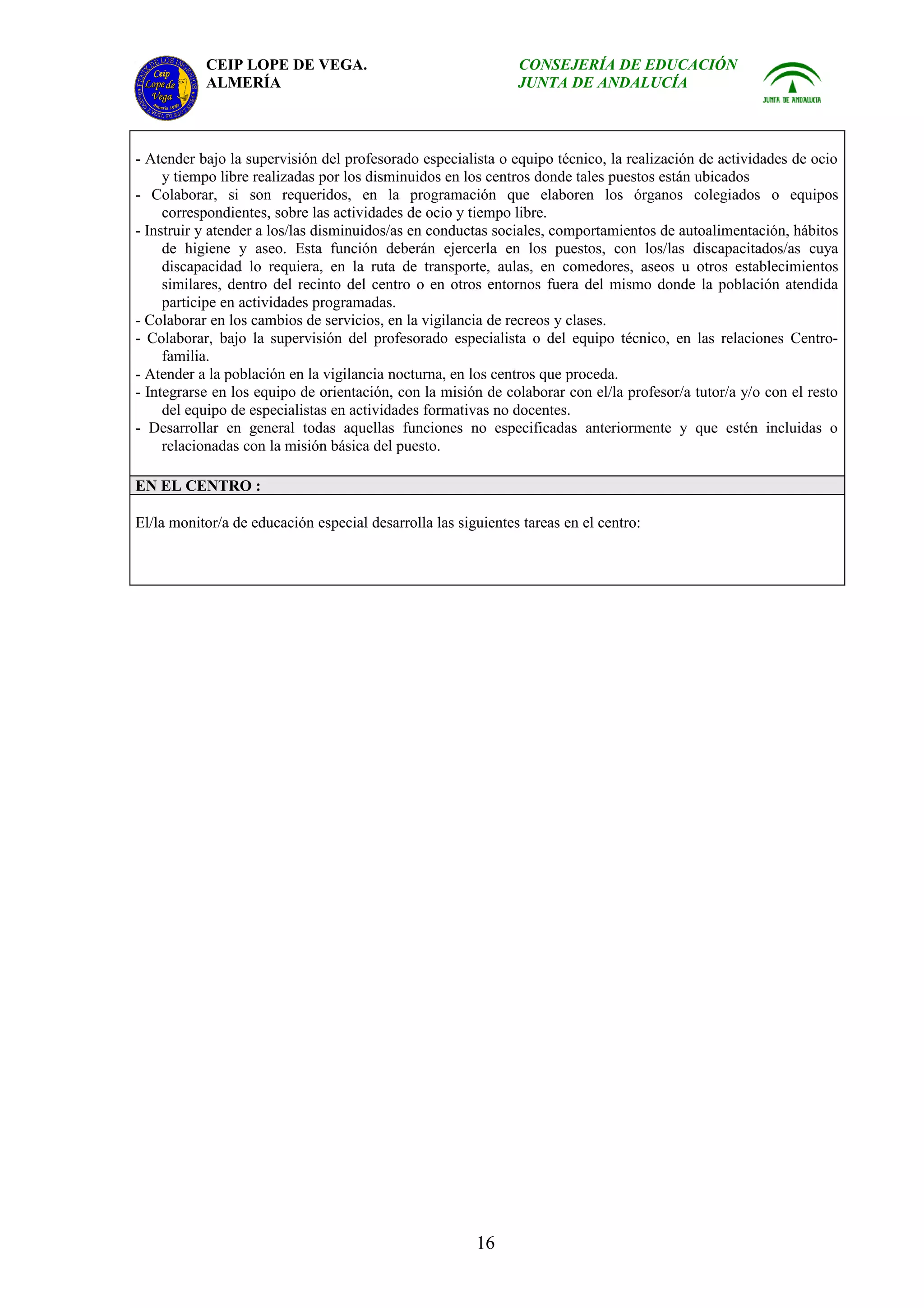 CEIP LOPE DE VEGA.                                  CONSEJERÍA DE EDUCACIÓN
           ALMERÍA                                             JUNTA DE ANDALUCÍA



- Atender bajo la supervisión del profesorado especialista o equipo técnico, la realización de actividades de ocio
     y tiempo libre realizadas por los disminuidos en los centros donde tales puestos están ubicados
- Colaborar, si son requeridos, en la programación que elaboren los órganos colegiados o equipos
     correspondientes, sobre las actividades de ocio y tiempo libre.
- Instruir y atender a los/las disminuidos/as en conductas sociales, comportamientos de autoalimentación, hábitos
     de higiene y aseo. Esta función deberán ejercerla en los puestos, con los/las discapacitados/as cuya
     discapacidad lo requiera, en la ruta de transporte, aulas, en comedores, aseos u otros establecimientos
     similares, dentro del recinto del centro o en otros entornos fuera del mismo donde la población atendida
     participe en actividades programadas.
- Colaborar en los cambios de servicios, en la vigilancia de recreos y clases.
- Colaborar, bajo la supervisión del profesorado especialista o del equipo técnico, en las relaciones Centro-
     familia.
- Atender a la población en la vigilancia nocturna, en los centros que proceda.
- Integrarse en los equipo de orientación, con la misión de colaborar con el/la profesor/a tutor/a y/o con el resto
     del equipo de especialistas en actividades formativas no docentes.
- Desarrollar en general todas aquellas funciones no especificadas anteriormente y que estén incluidas o
     relacionadas con la misión básica del puesto.

EN EL CENTRO :

El/la monitor/a de educación especial desarrolla las siguientes tareas en el centro:




                                                        16
 