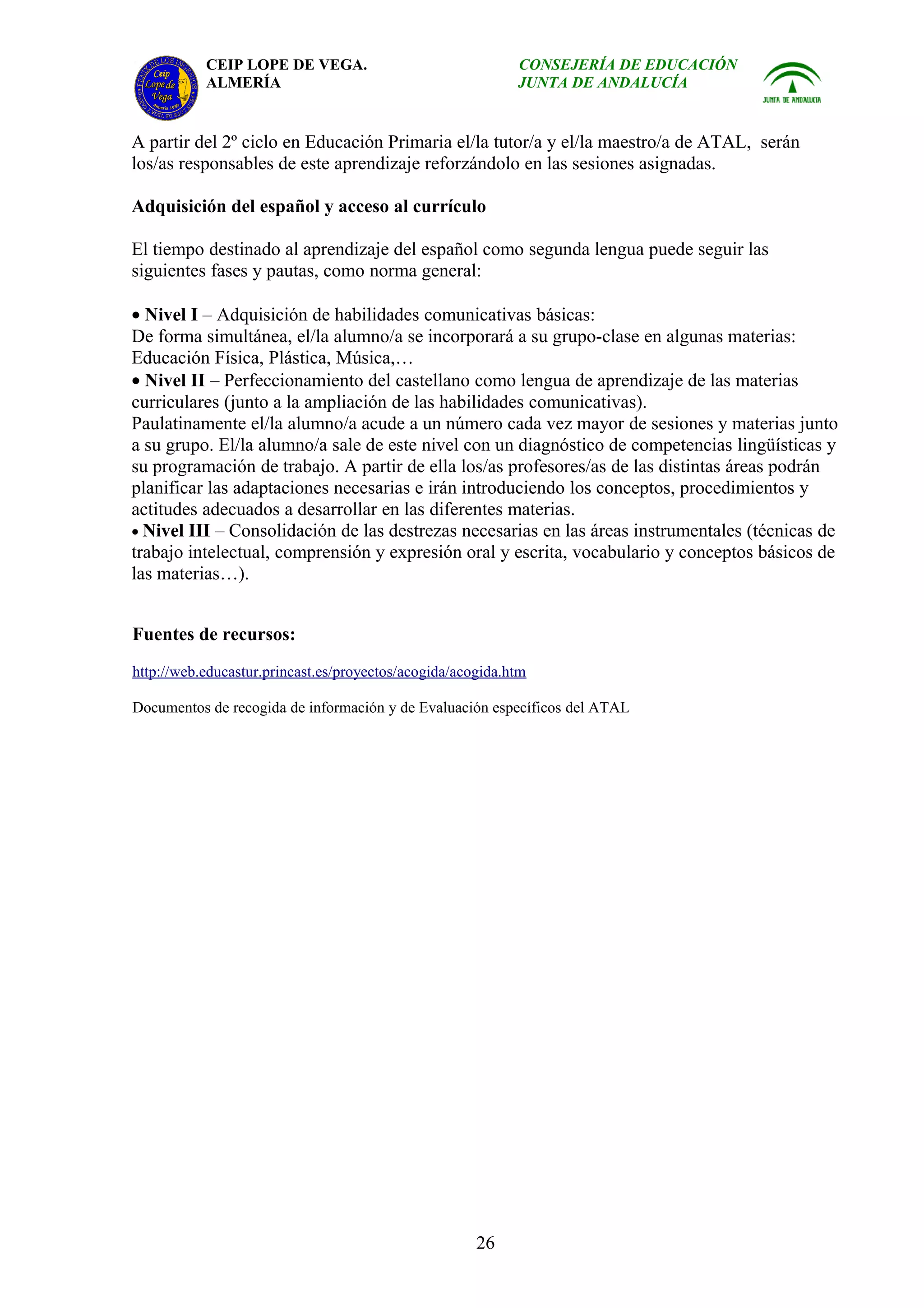 CEIP LOPE DE VEGA.                               CONSEJERÍA DE EDUCACIÓN
           ALMERÍA                                          JUNTA DE ANDALUCÍA


A partir del 2º ciclo en Educación Primaria el/la tutor/a y el/la maestro/a de ATAL, serán
los/as responsables de este aprendizaje reforzándolo en las sesiones asignadas.

Adquisición del español y acceso al currículo

El tiempo destinado al aprendizaje del español como segunda lengua puede seguir las
siguientes fases y pautas, como norma general:

• Nivel I – Adquisición de habilidades comunicativas básicas:
De forma simultánea, el/la alumno/a se incorporará a su grupo-clase en algunas materias:
Educación Física, Plástica, Música,…
• Nivel II – Perfeccionamiento del castellano como lengua de aprendizaje de las materias
curriculares (junto a la ampliación de las habilidades comunicativas).
Paulatinamente el/la alumno/a acude a un número cada vez mayor de sesiones y materias junto
a su grupo. El/la alumno/a sale de este nivel con un diagnóstico de competencias lingüísticas y
su programación de trabajo. A partir de ella los/as profesores/as de las distintas áreas podrán
planificar las adaptaciones necesarias e irán introduciendo los conceptos, procedimientos y
actitudes adecuados a desarrollar en las diferentes materias.
• Nivel III – Consolidación de las destrezas necesarias en las áreas instrumentales (técnicas de
trabajo intelectual, comprensión y expresión oral y escrita, vocabulario y conceptos básicos de
las materias…).


Fuentes de recursos:
http://web.educastur.princast.es/proyectos/acogida/acogida.htm

Documentos de recogida de información y de Evaluación específicos del ATAL




                                                      26
 