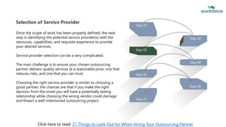 Step 01
Step 03
Step 07
Step 05
Step 04
Step 02
Step 06
Selection of Service Provider
Once the scope of work has been properly defined, the next
step is identifying the potential service provider(s) with the
resources, capabilities, and requisite experience to provide
your desired services.
Service provider selection can be a very complicated.
The main challenge is to ensure your chosen outsourcing
partner delivers quality services at a reasonable price, one that
reduces risks, and one that you can trust.
Choosing the right service provider is similar to choosing a
good partner; the chances are that if you make the right
decision from the onset you will have a potentially lasting
relationship while choosing the wrong vendor could damage
and thwart a well-intentioned outsourcing project.
Click here to read: 21 Things to Look Out for When Hiring Your Outsourcing Partner
 
