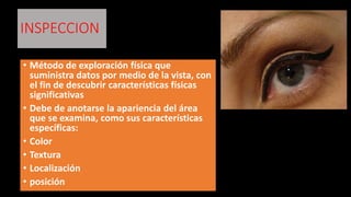 INSPECCION
• Método de exploración física que
suministra datos por medio de la vista, con
el fin de descubrir características físicas
significativas
• Debe de anotarse la apariencia del área
que se examina, como sus características
específicas:
• Color
• Textura
• Localización
• posición
 
